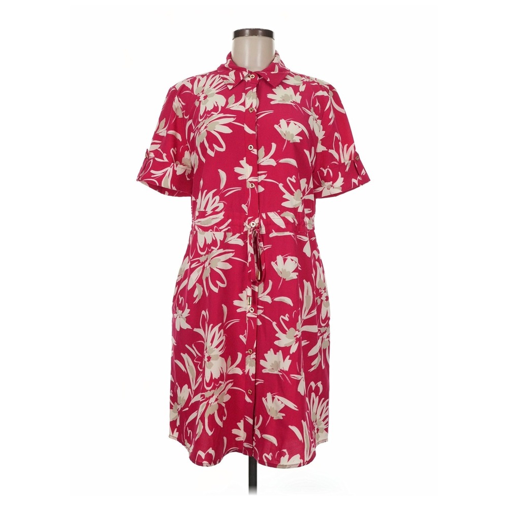 Halston Shirt Dress Womens M Pink Floral Tropical Resort Summer Preppy